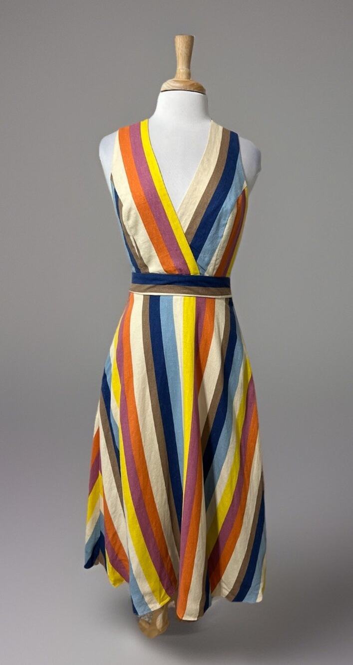 Gilli Womens M Summer Dress Vertical Stripe Halter Midi Backless Linen Boho Hip